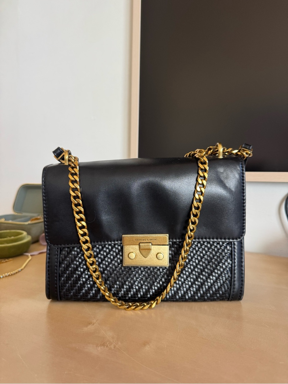 Charles and Keith Black Leather & Woven Chain-Shoulder Bag - Gold Hardware